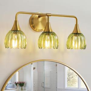 Bathroom Vanity Light Fixtures: 3-Lights Vintage Bathroom Lights Over Mirror with Ribbed Green Tulip Glass Shade - 22.4 inch Brushed Gold Wall Sconce Bath Lighting