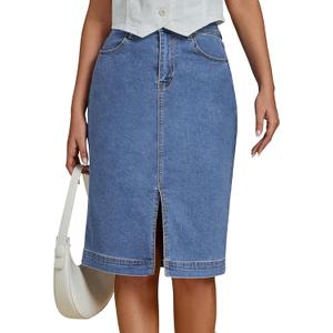 luvamia Jean Skirts for Women Denim Trendy Summer Casual Stretchy High Waisted Midi Below Knee Pencil Skirt with Slit (X-Large, Medium Blue)