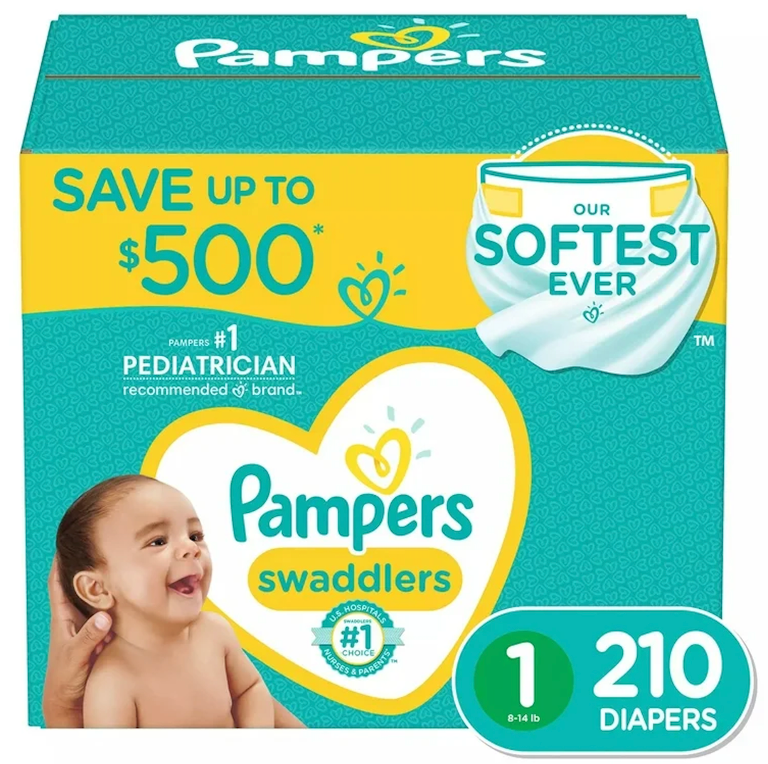 Pampers Swaddlers Diapers, Size 1 (8-14 lbs), 210 Count, Absorbent, Keeps Baby Dry and Comfortable, Skin Safe Disposable Baby Diaper (Packaging May Vary)