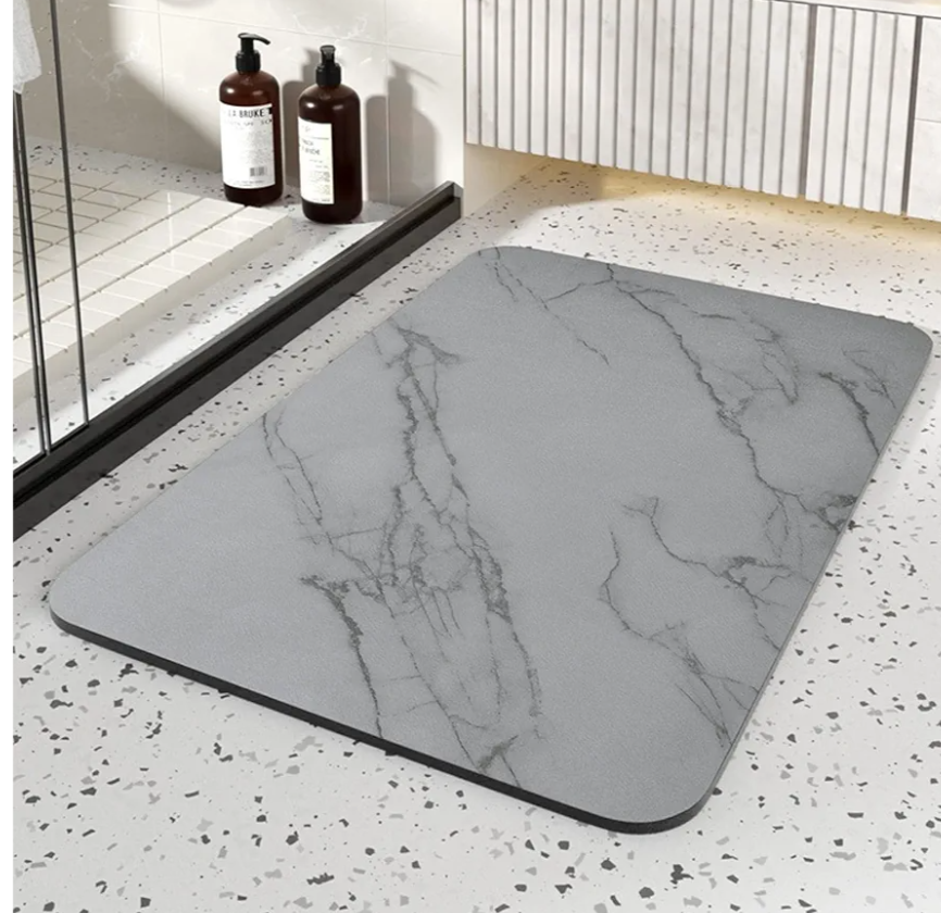 Tulvera Stone Bath Mat | Diatomaceous Earth Quick Drying Shower Mat | Absorbent Non-Slip Bath Mats for Bathroom | Elegant Minimalist Design, Easy to Clean Shower Stone | 24" x 16" (Grey Marble)
