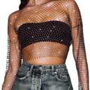 CYCLAMEN Women's Rhinestone Body Chains Long Sleeve Crop Tops Crystal See Through Mesh Diamond Fishnet Shirts Outfits, Black, One Size (XS-L)