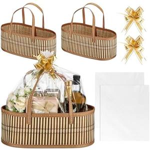 Reallnaive Woven Baskets for Gifts Empty Large Bamboo Gift Baskets with Handle Cellophane Wrap Bag and Pull Flower Ribbon Sturdy Foldable Gift Packages for Birthday Wedding Favor Wrapping 2 Pack