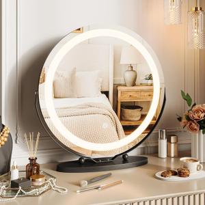 IDEALHOUSE 19" Round Vanity Mirror with Lights, Large Vanity Mirror with 3 Color Lighting Dimmable, Smart Touch Control, 360Rotation Makeup Mirror for Bedroom, Dressing Room, TabletopBlack