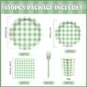 Green Gingham Disposable Party Tableware Set for 30 Guests 9 & 7 Inch Paper Plates, Cups, Napkins and Forks, Green Checkered Paper Dinnerware for Birthday, Picnic, Baby Shower, Outdoor Gatherings