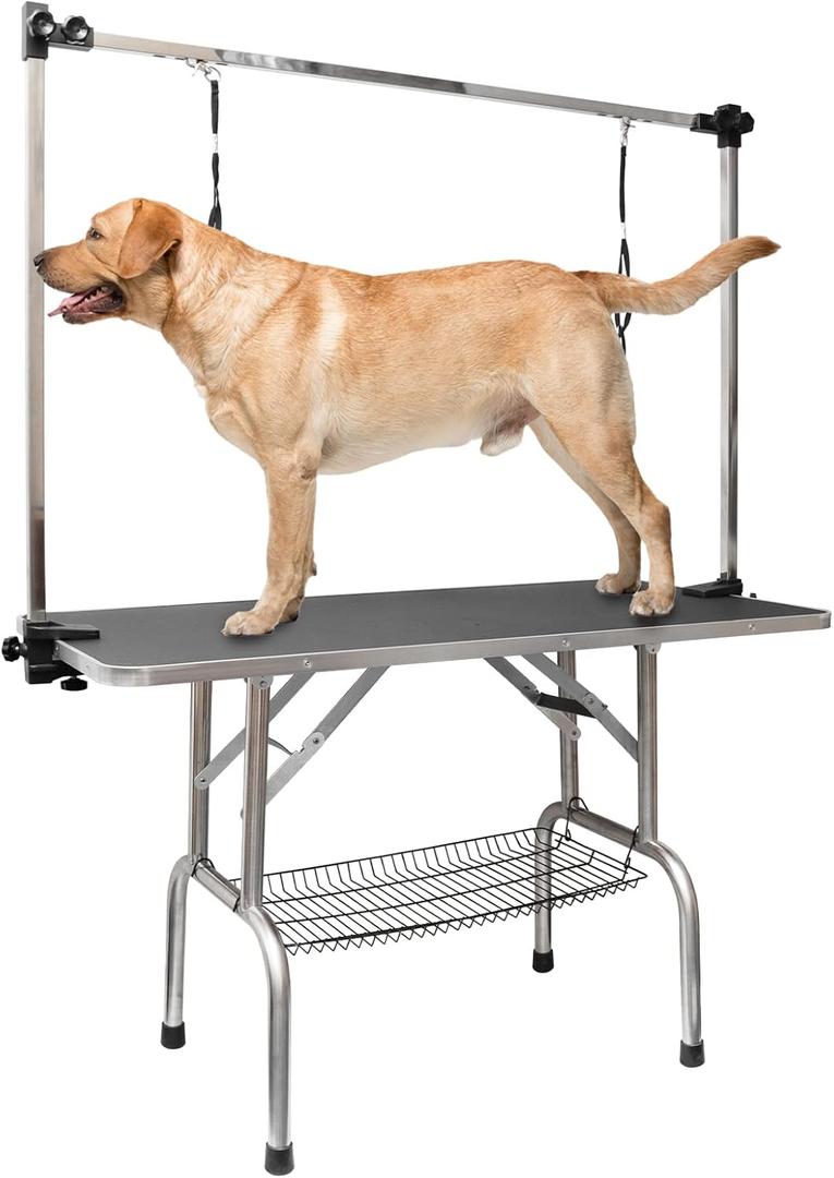 ROOMTEC 46" Dog Grooming Table,Foldable Home Pet Bathing Station with Adjustable Height Arm/Noose/Mesh Tray (Black)