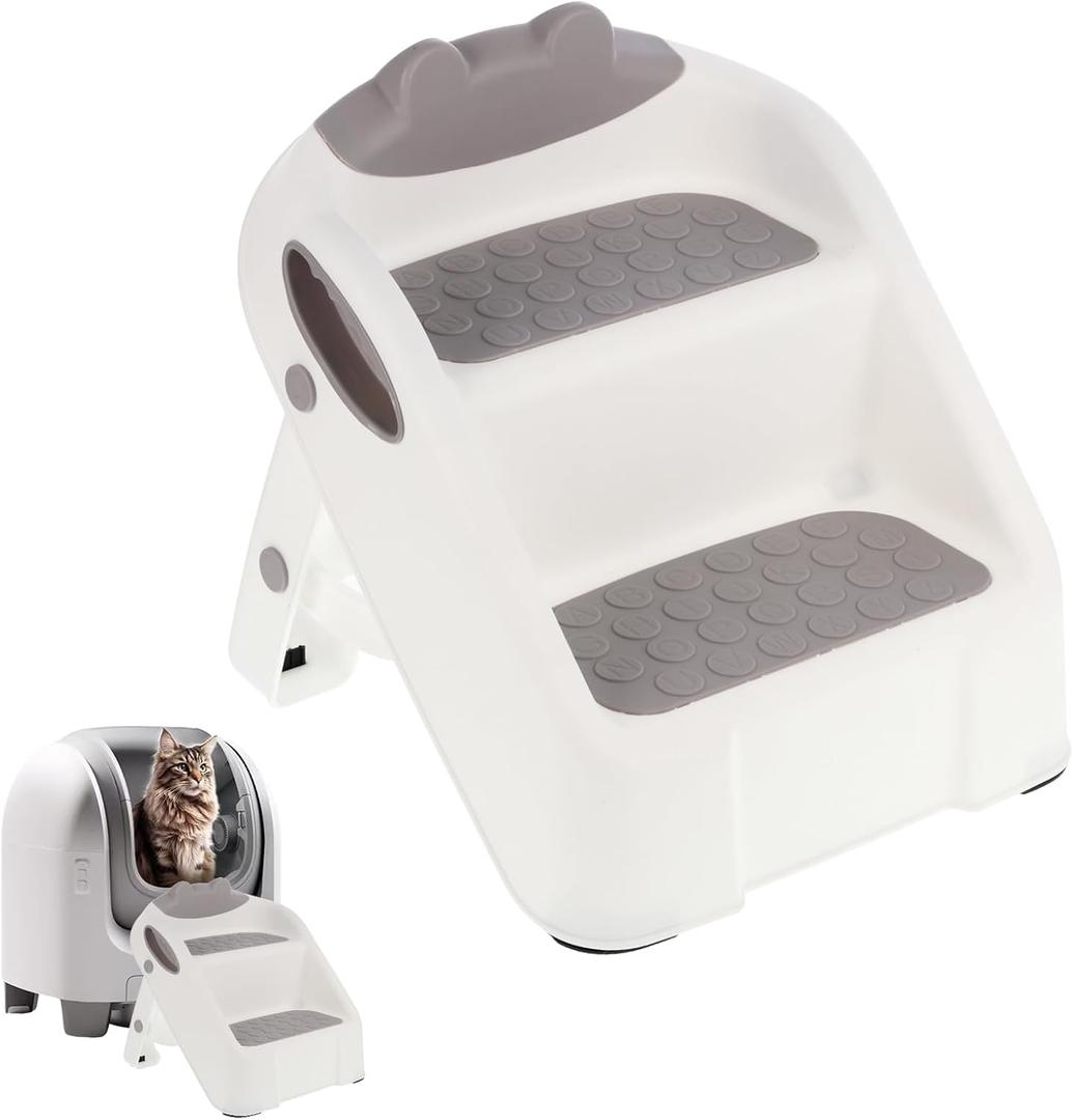 Cat Ramp for Litter Box,White Plastic Cat Ramp Fit for Automatic Litter Box,Double Layer Steps with Non-Slip Rubber Feet, Step for Small & Elderly Cats