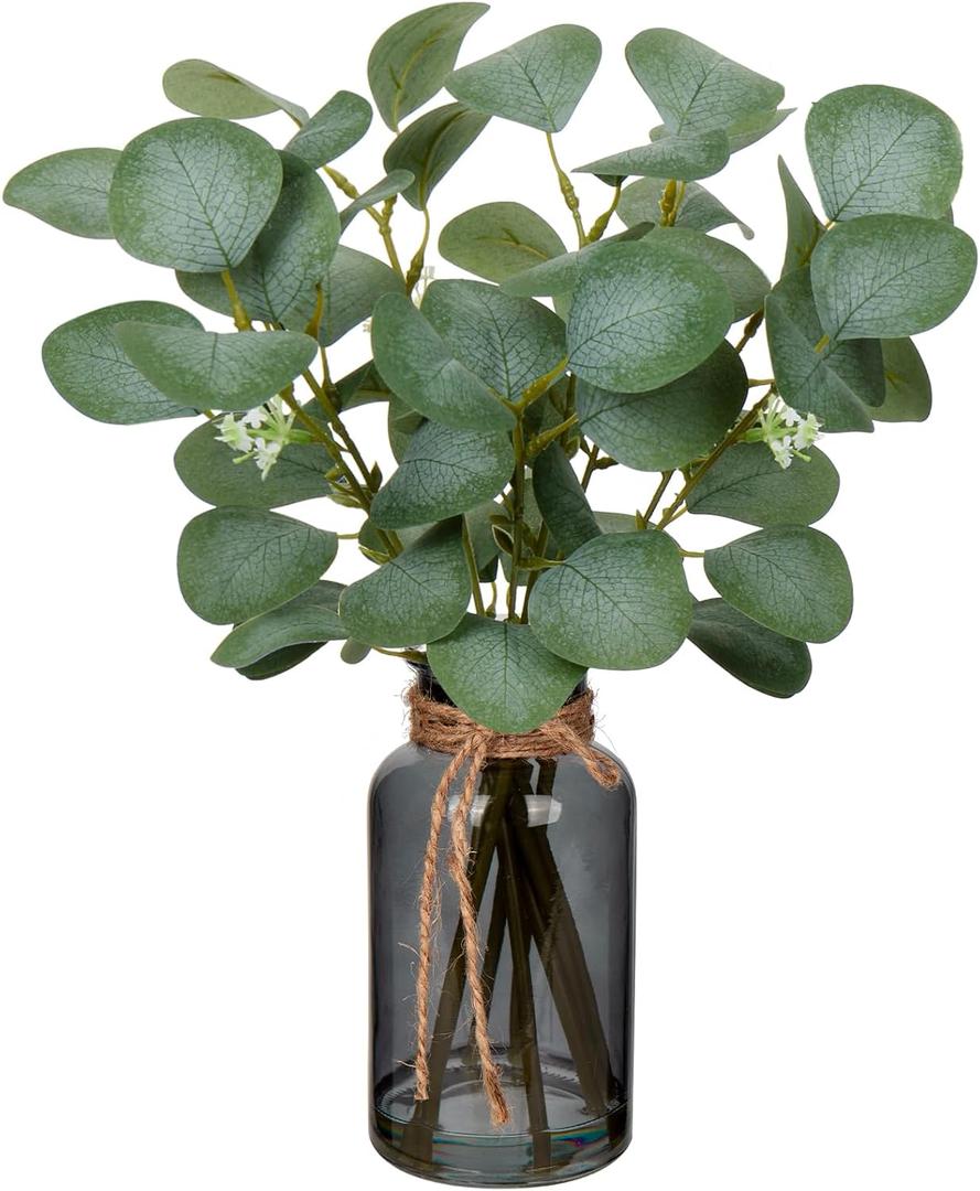 Briful Artificial Eucalyptus Stems in Black Glass Vase with Faux Water, 14" Fake Plant Eucalyptus Leaves for Home Office Farmhouse Wedding Centerpiece Dcor