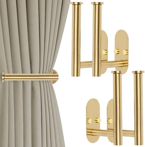 Yagoo 4Pcs Adhesive Curtain Holdbacks，Screw-in Curtain Tie Backs Curtain Holders Tiebacks Curtain Hooks for Wall Mounted Curtain Pull Backs for Home Decor Drapes (4, Gold)