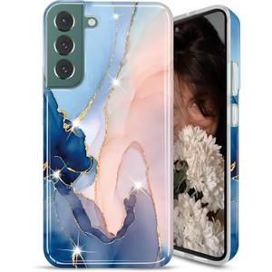 JAHOLAN Galaxy S22 Case Bling Glitter Sparkle Marble Design Clear Bumper Glossy TPU Soft Rubber Silicone Cover Phone Case for Samsung Galaxy S22 5G 6.1" 2022 - Purple