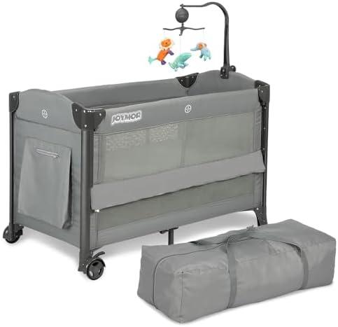 JOYMOR Baby Bassinet, Pack and Play with Bassinet and Carry Bag, Convert to Bedside Sleeper with Toy, Wheels for Boys Girls (Gray)