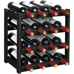 VASMIA Wine Rack, 4-Tier Bamboo Wine Racks Countertop,Sturdy and Durable Wine Storage Cabinet Shelf,16 Bottles Wine Holder for Kitchen Pantry, Black