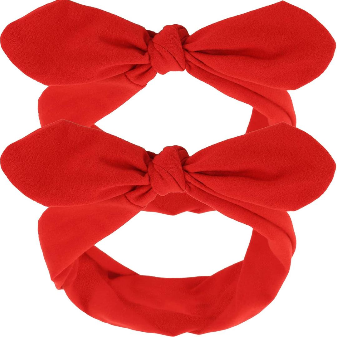 Hicarer 2 Pcs Bandana Headband for Women Retro Cute Cotton Wide Headwrap with Bows Vintage 4th of July Patriotic Costume Accessories Adjustable Rabbit Ear Bow Hairband for Women(Red)