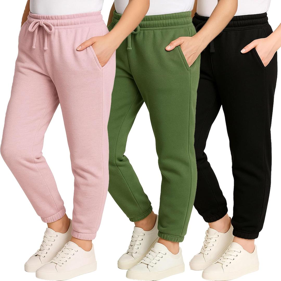 Real Essentials 3 Pack: Girls' Sweatpants - Active Fleece Jogger Pants (Size: 7-16) (X-Large)