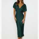 Satin V Neck Puffy Sleeves Silk Midi Dresses Empire Waist Elegant Tie Back Formal Cocktail Dress for Women Wedding Guest XS, Emerald 
