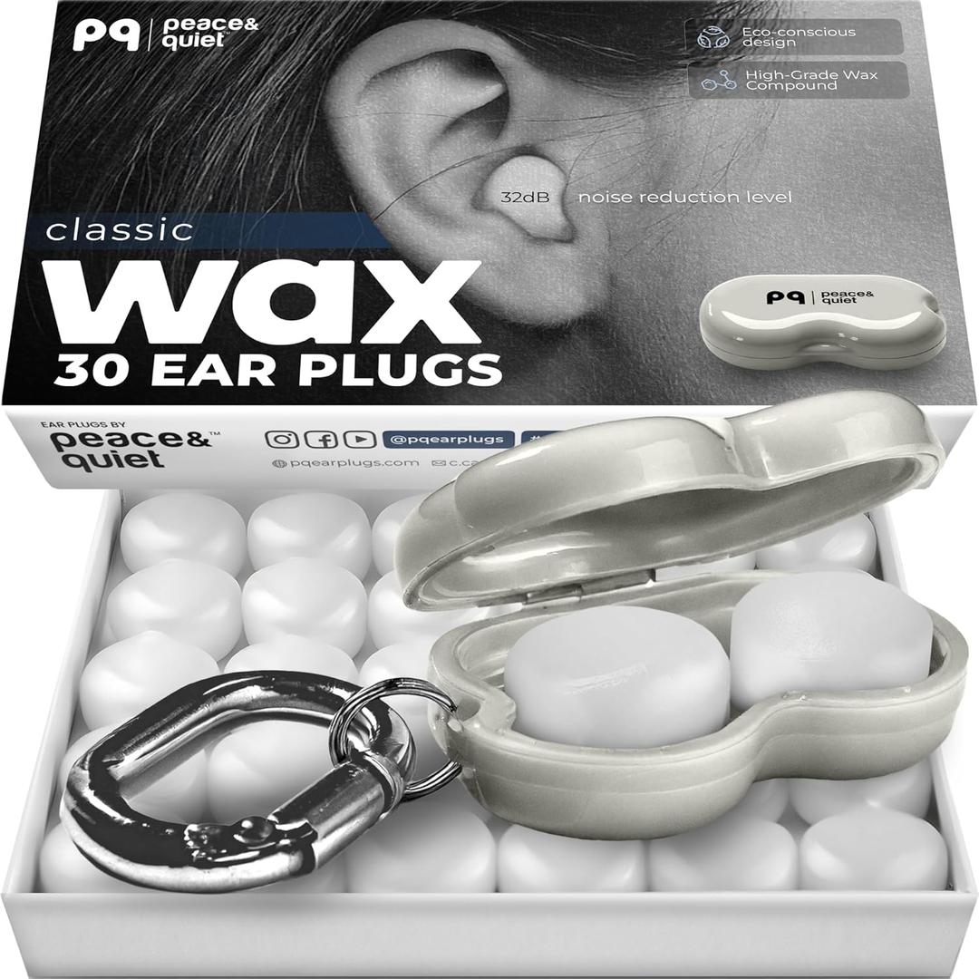 Peace&Quiet PQ Wax Ear Plugs for Sleeping - 30 Silicone Wax Earplugs for Sleeping and Swimming, Gel Ear Plugs for Noise Cancelling, Sound Blocking Level of 32 Db (30 Pillows), Color: White (Classic)
