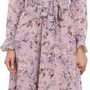 Allegra K Fall Casual Floral Dress for Women 2025 Long Sleeve Crew Neck Chiffon Midi Tea Party Ruffle Dresses, L