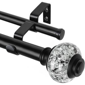 1 Inch Double Curtain Rods 72 to 144 Inches (6 to 12 ft), USFOOK Black Drapery Rods for Windows, Telescoping Dual Curtain Rod with Translucent Finials