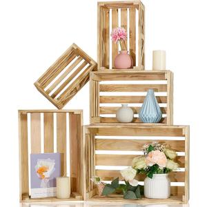 Wooden Crates for Display 5 Pack Wood Storage Crate for Home Rustic Nested Crates with Handles, Farmhouse Wooden Basket for Storage Container and Decorations