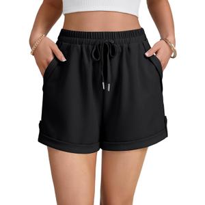 Rooscier Women's Drawstring Elastic High Waist Button Athletic Sweat Shorts with Pockets (Black, XL)