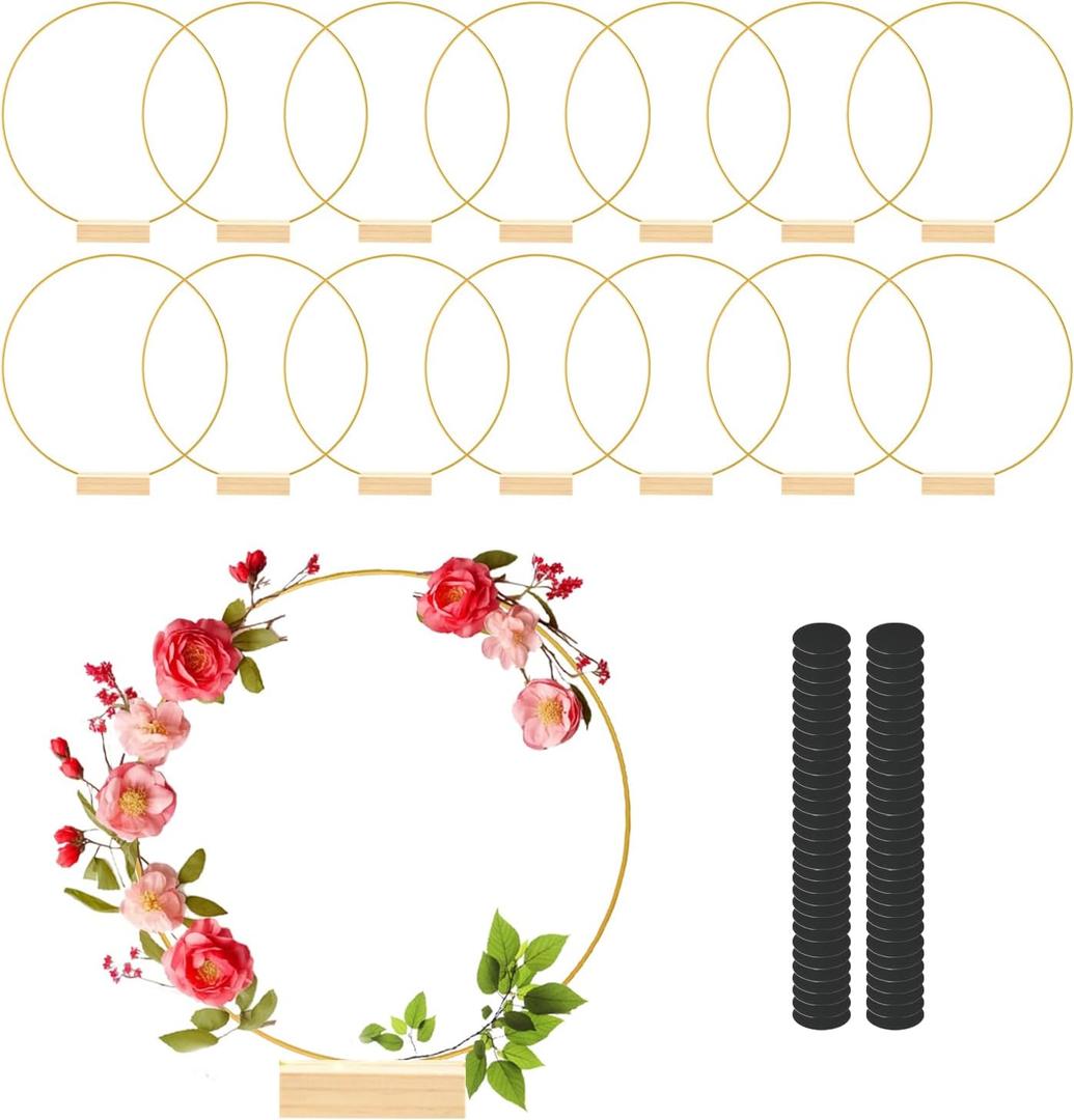 12 Inch 15 Sets Metal Floral Hoop Centerpiece with Wood Stands, Gold Metal Rings for Party Dream Catcher Wedding Table Wreath Decor, Wall Hanging Wreaths