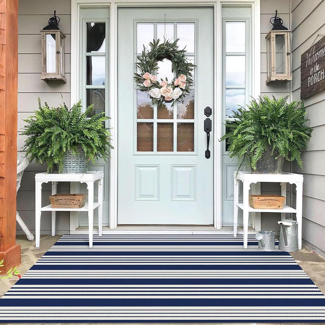 IOHOUZE Navy and White Striped Rug 4'x6' Outdoor Rugs, Washable Area Rug for Double Front Door, Large Patio Rug Outdoor Indoor, Doormat for Entryway Porch Entrance