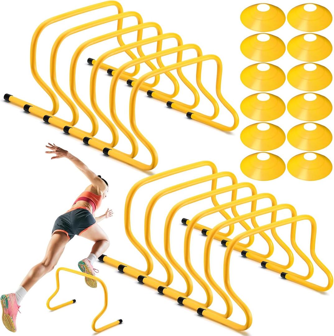12 Pcs 12 Inch Agility Hurdles Training Equipment Agility Hurdles and Marker Cone Set Disc Cones Speed and Training Obstacle for Athletes Sports Soccer Football Tennis Basketball (Yellow)