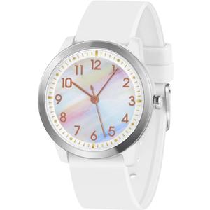 PROKING Kids Watch for Girls Boys Children Teens Analog for Kid 8-18 Years Old Learning Time and Easy to Read 50M Waterproof with Soft Band, Great Gift for Kids (White - Rainbow Dial)