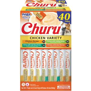 INABA Churu Cat Treats, Lickable, Squeezable Creamy Pure Cat Treat with Green Tea Extract & Taurine, 0.5 Ounces Each Tube, 40 Tubes, Chicken Variety Box (EXP 09/13/26)
