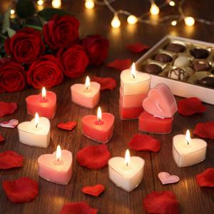 Honoson 12 PCS Valentine's Day Heart-Shaped Tealight Candles Pink Red White Tealight Candles Rose Essential Oils Colors 5 Hours Burn Time for Valentine's Day Dating Weddings Romantic Occasions