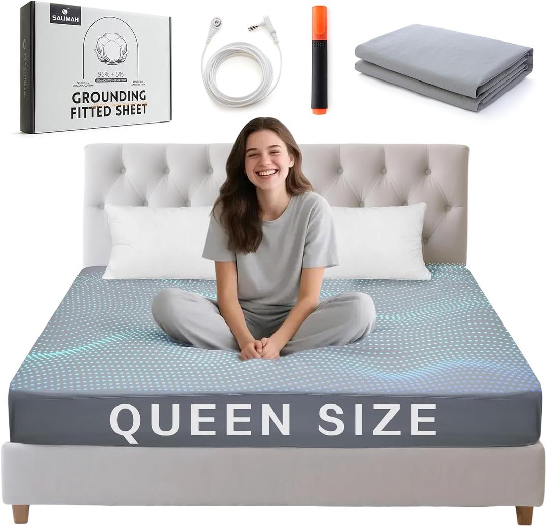 Grounding Sheets Queen Size, 95% Organic Cotton + Luxury 5% Pure Silver Fiber, Grounded Conductive Bed Sheets for Better Sleep with Grounding Cord, Sleep Gifts for Women Men, 60"x 80"x 15" (Gray)