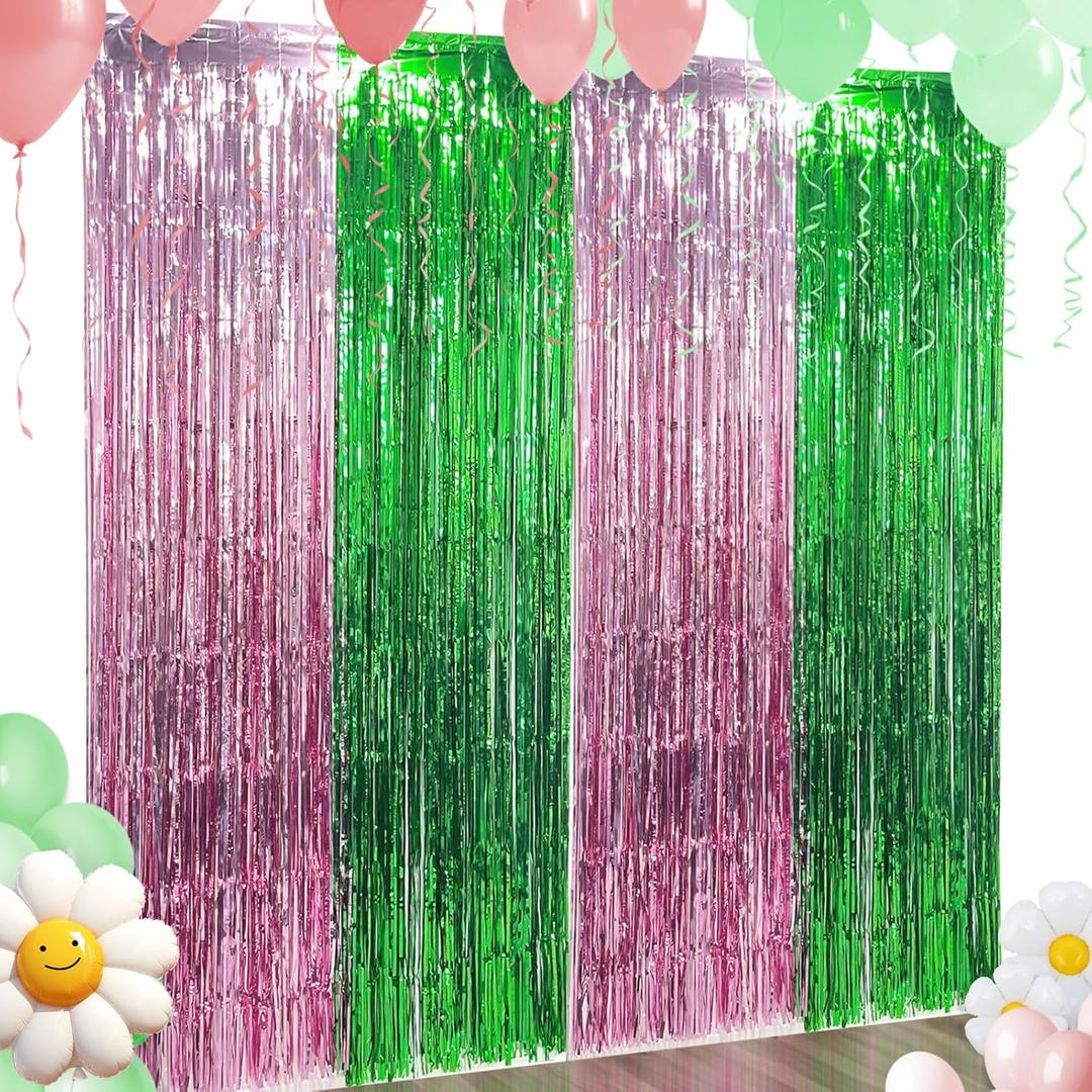 4 x Witch Party Decorations 2-Pack - Pink & Green Foil Fringe Backdrop Curtains + Photo Booth Props Kit for Halloween Birthday, Themed Streamers Backdrop Supplies (6.6 x 6.6 ft)