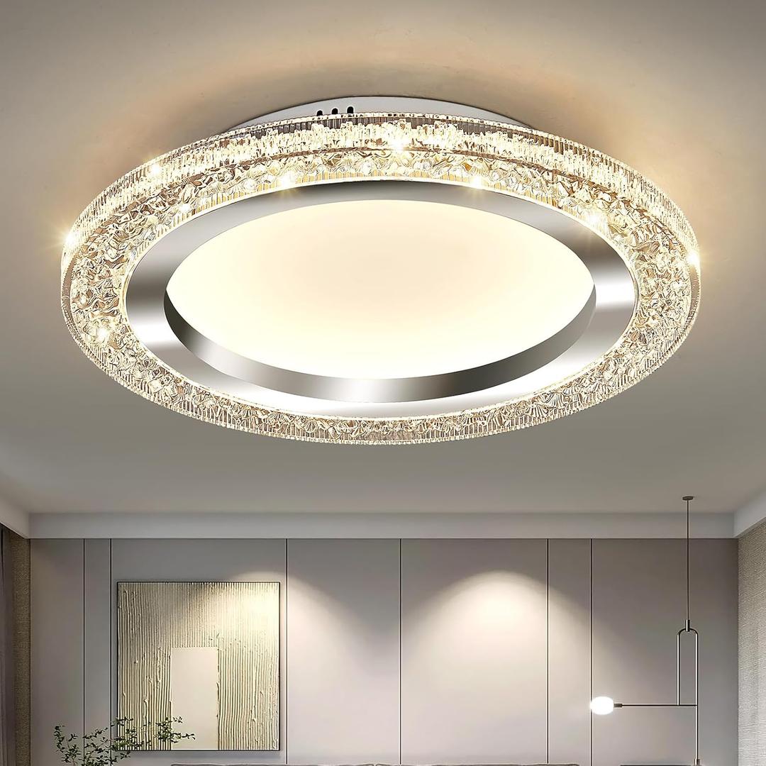 UOFUS 32W LED Flush Mount Ceiling Light Chrome 15.7inch Modern Round Ceiling Light Fixture 3000K-6000K Super Bright Circle Ceiling Lamp for Bedroom Kitchen Dining Room Entryway Hallway Foyer (Silver)