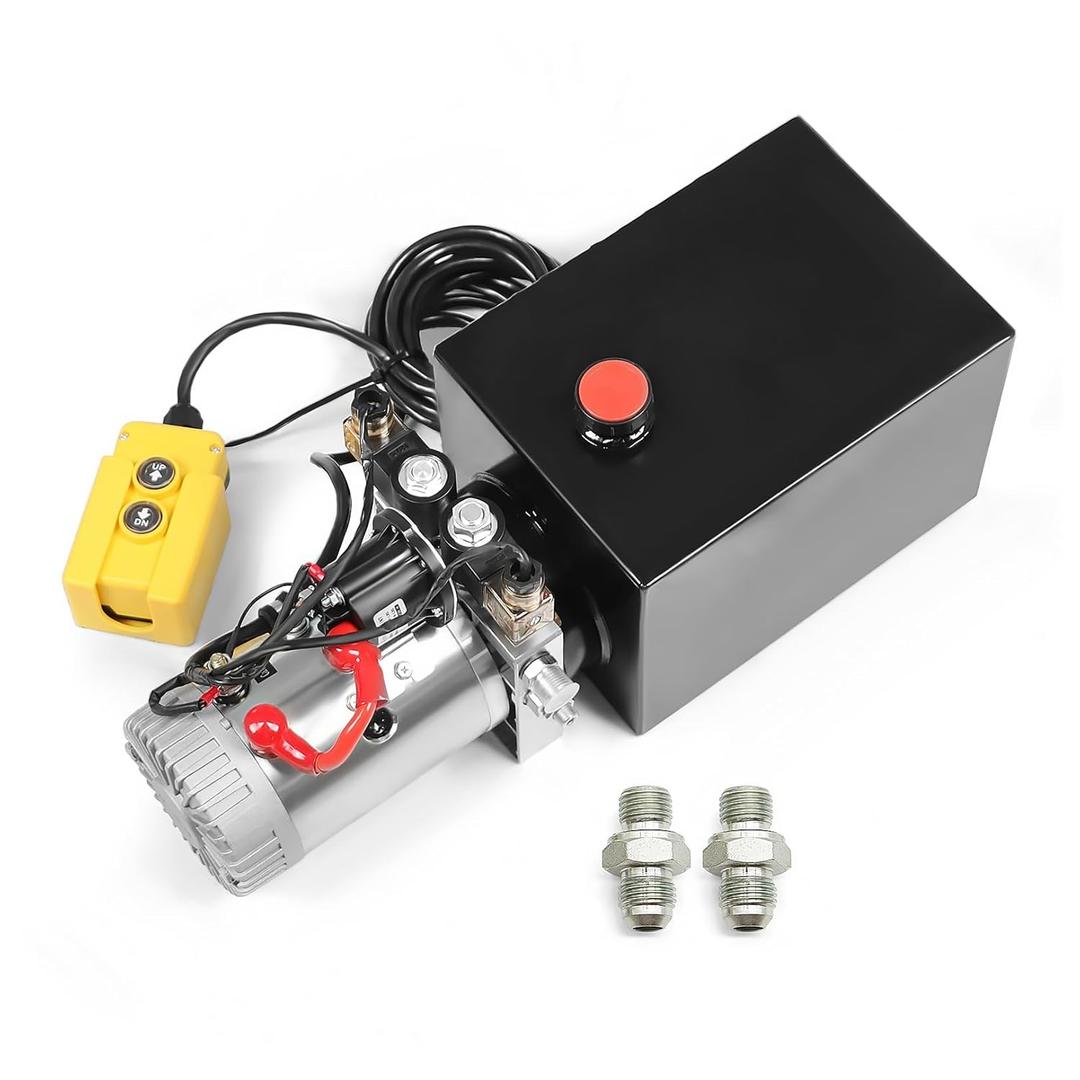 12V DC Hydraulic Power Device 8 Quart/ 10 Quart/ 13 Quart Hydraulic Dump Trailer Pump for Lifting and Lowering Dump Trailer Trucks Single/Double Acting (8 Quart Double)