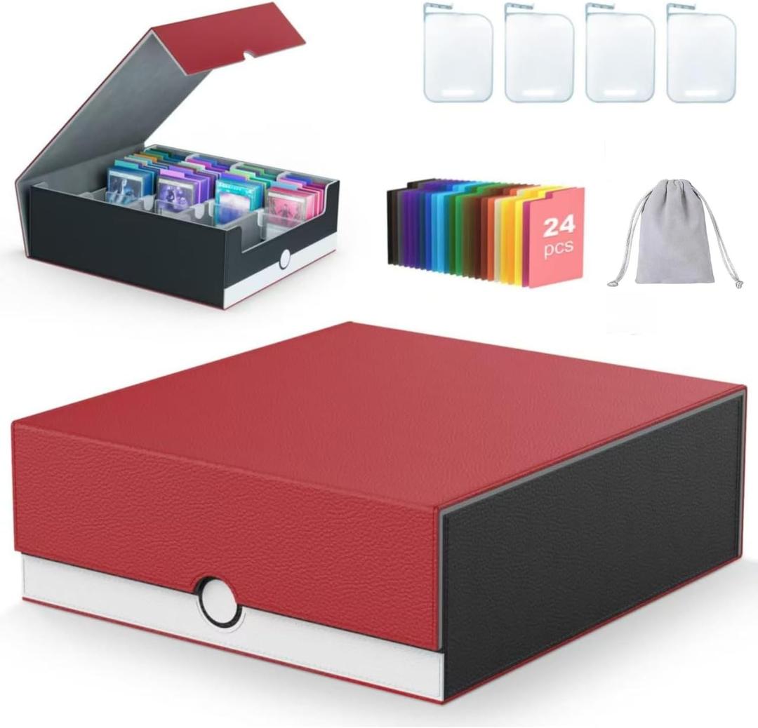 4-Row3200+ Trading Card Storage Box, Card Organizer Holder with 24 Dividers, Case Fit for MTG TCG Magic Commander Deck Playing Cards, Deck Box for Sport Card (Red + White)