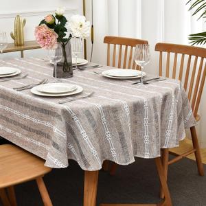 Rustic Striped Embroidery Oval Tablecloth, Openwork Heavy Weight Linen Wrinkle Resistant Table Cloth Dining Table Cover for Kitchen Party Banquet Decor 60x84 Inch Brown