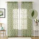 MIULEE Sage Green Sheer Curtains 2 Panels Embroidered Leaf Patterned Rod Pocket Floral Semi Sheer Faux Linen Window Curtains Drapes Set for Living Room Bedroom Dining Room, 52x84 Inches Long
