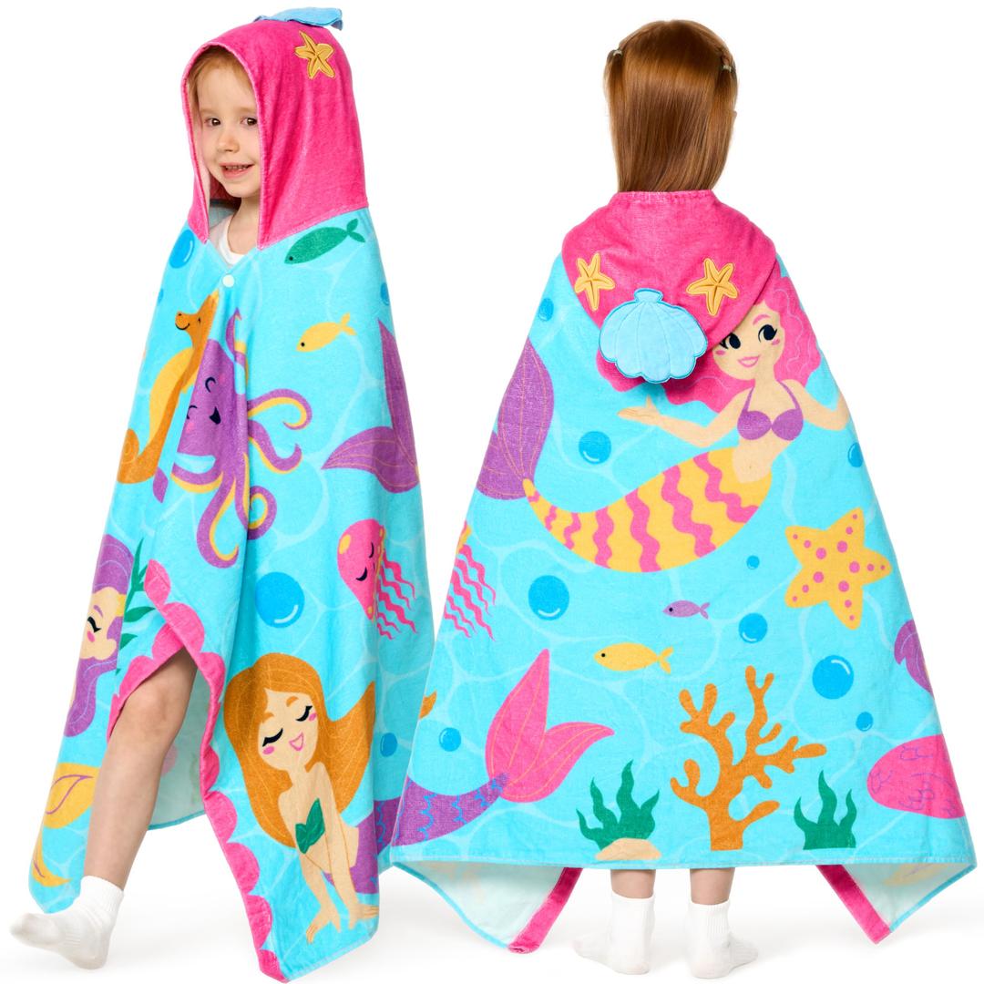 Joiedomi Mermaid Hooded Towels for Kids Soft 100% Cotton Kids Beach Towel 30" x 50" for 3-10 Years Boy Girl Beach Hooded Poncho Absorbent Pool Toddler Swim Bath Wrap