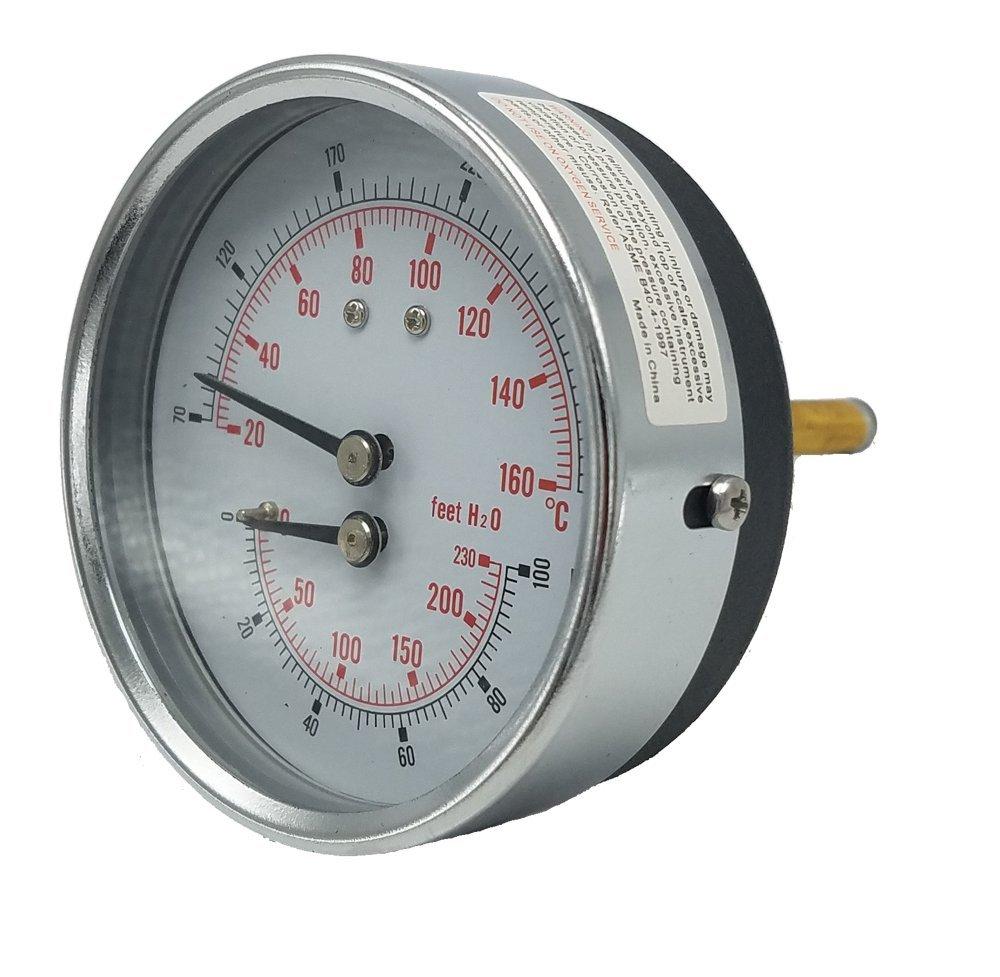 4104-3.25-2-70-100PSI Tridicator, 3 1/4" Dial, 2" Stem, 70/320F, 0-230'/H2O, 0-100 psi, Dry, 3-2-3% Accuracy, Back Mount, Steel, Black