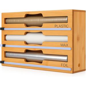 3 in 1 Wrap Organizer with Cutter and Labels, Plastic Wrap, Aluminum Foil and Wax Bamboo Dispenser for Kitchen Storage Organization Holder for 12" Roll (Natural)