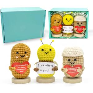 3PC Mini Funny Positive Potato, 3 inch Knitted Doll with Positive Card for Cheer Up Gifts and Party Decorations, Cute Positive Crochet Doll for Birthday Gifts (Coffee Bean+ Coffee Cup+ bee)