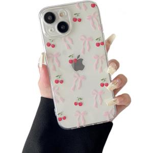 ZTOFERA for iPhone 14 Plus Case Clear,Cute Love Heart Ribbon Bow Tie Aesthetic Phone Case,Transparent Trendy Slim Soft Shockproof Protective Phone Cover for Women Girls,Peach Pink