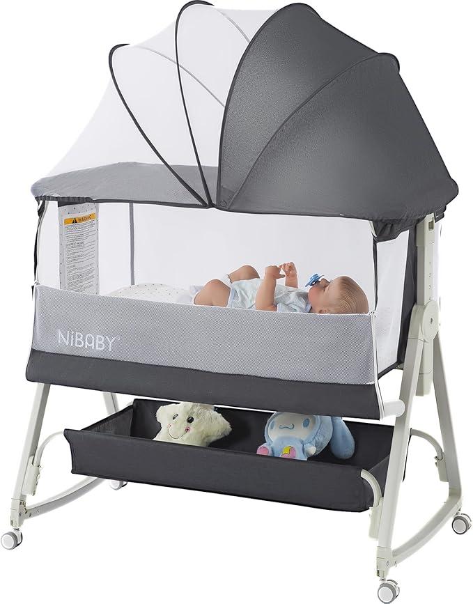 Multifunctional 3-in-1 Baby Bassinet for Bedside Sleep, Nursing & Rocking - Adjustable Height, Breathable Mesh, Portable Design with Mosquito Net, Safe & Supports Independent Sleep (Black)