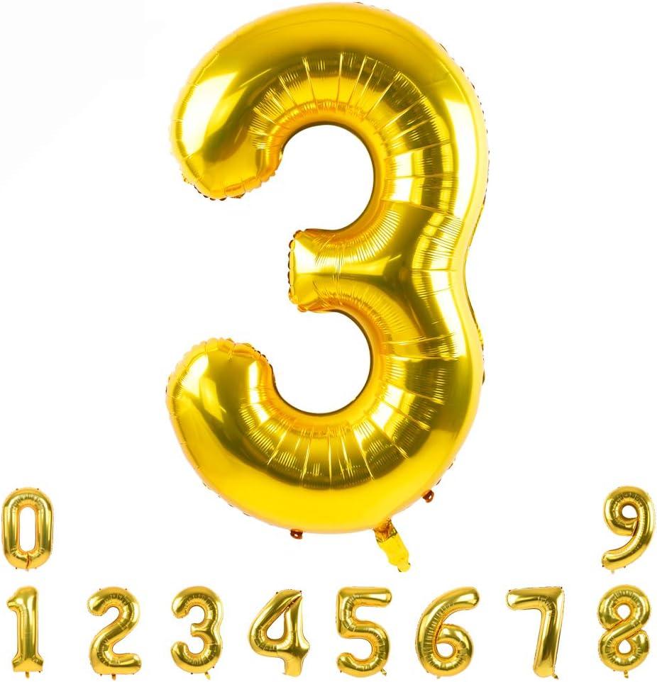 TONIFUL 40 Inch Gold Large Numbers Balloons 0-9,Number 3 Digital Helium Balloons,Foil Mylar Big Number Balloons for Birthday Party Supplies Decorations