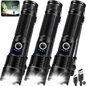 KINGCAESAR 3 Pack Flashlights 90,000 High Lumens - Super Bright Rechargeable Flashlight with 5 Light Modes, IPX7 Waterproof Powerful LED Flash Light for Home, Camping - Black