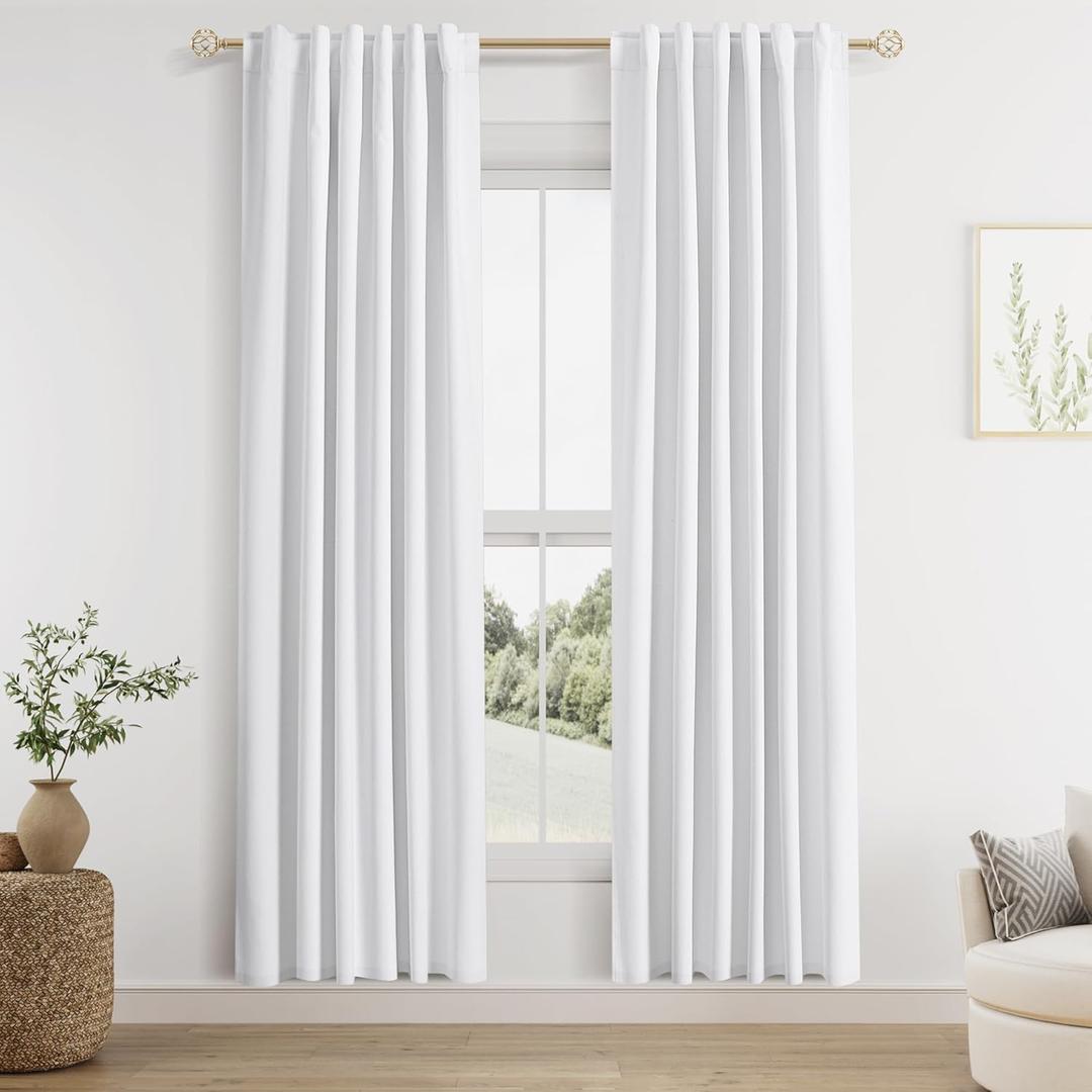 Guken White Linen Blackout Curtains 80 Inch Length 2 Panels Set for Living Room Bedroom Back Tab Thermal Insulated 100% Black Out Linen Drapes Room Darkening Window Curtains 40 Wide White