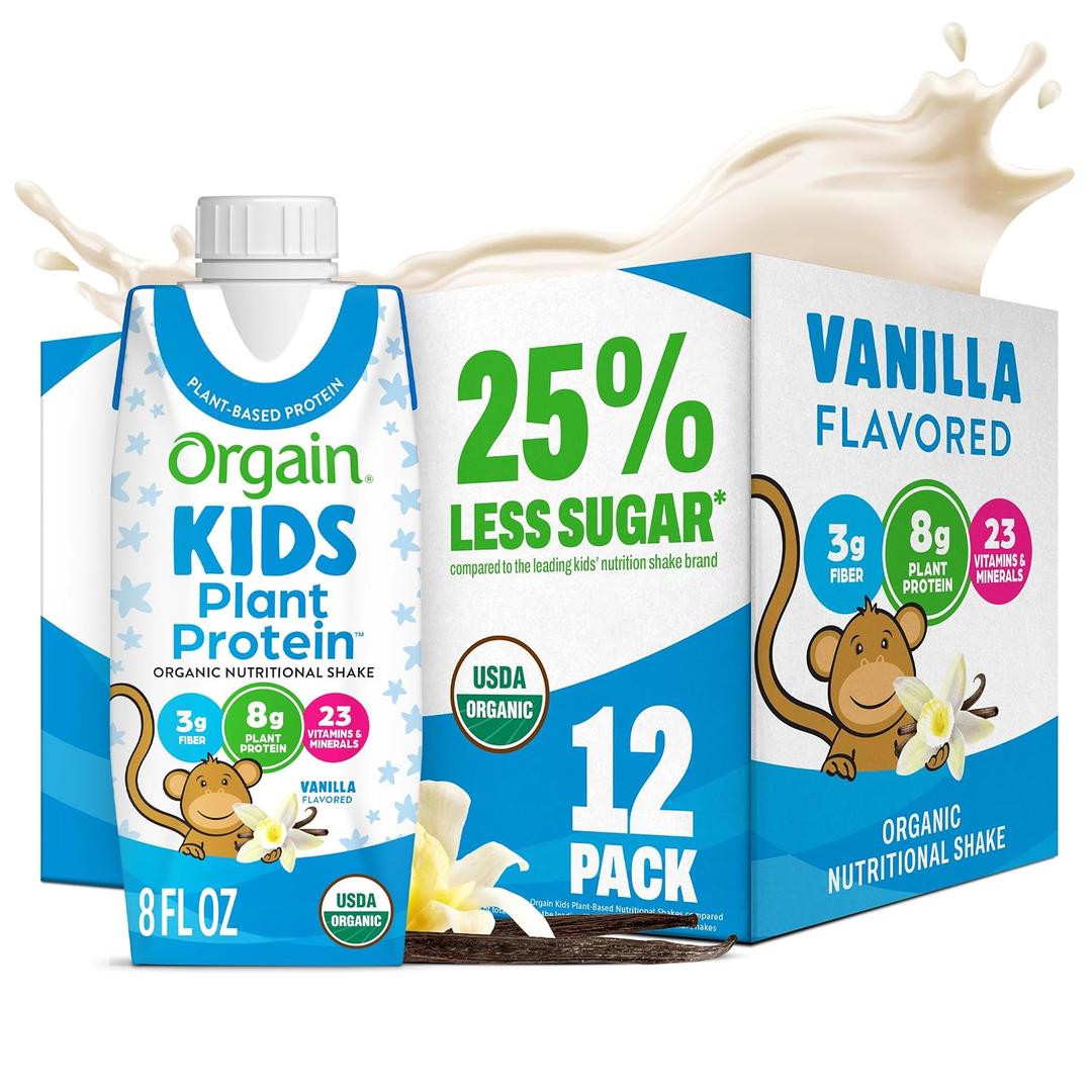Orgain Organic Kids Nutritional Vegan Protein Shakes, Vanilla - Healthy Kids Snacks, 8g Plant Protein, 23 Vitamins & Minerals, 3g Fiber, No Dairy & Soy, Non-GMO, 8 Fl Oz, 12 Pack, Packaging May Vary (EXP 03/25/27)