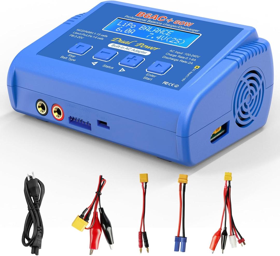 LiPo Battery Charger RC Balance Fast Battery Charger Discharger 80W 6A Smart Digital Battery Pack Charger for 1S-6S LiPo Life Li-ion 1-15S NiCD NiMH PB Smart Batteries RC Car (Blue)