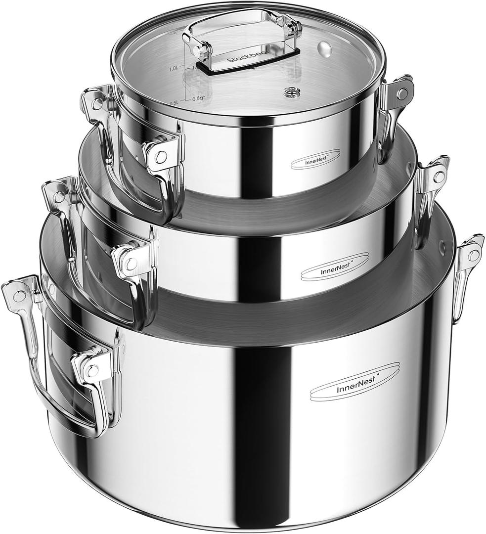 Stainless Steel Pot Set, 6-Piece Stackable Stock Pots with Glass Lids, 7.6 Quarts