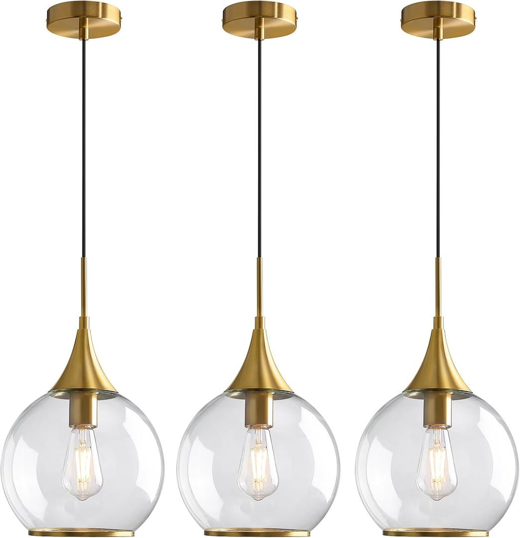 Pendant Lights Kitchen Island: 3 Pack Gold Light Fixture Modern with Clear Glass - 10 Inch Mid Century Globe Kitchen Lighting Fixtures Ceiling for Foyer Bedroom