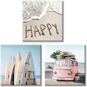 UTOP-art Beach Wall Decor Costal Canvas Wall Art Pictures Surfboards & Pink Car on Sand Artwork Painting for Living Room Seashell For Bathroom(16” x 16'' x 3 Panels)